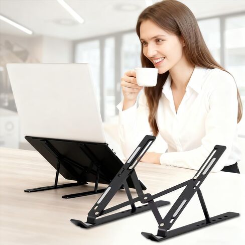 Aluminum Alloy Laptop Stand for Desk, Adjustable Portable Laptop Riser Holder Compatible, Foldable Laptop Riser with Laptops-Black in Saudi Arabia