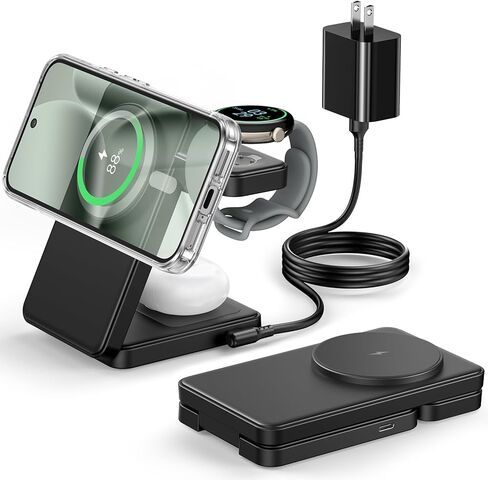 قاعدة شحن مغناطيسية 3 في 1 قابلة للطي لساعة Google Pixel 3/2 (ليست للساعة 4/1)، شاحن لاسلكي سريع بقدرة 15 وات متوافق مع حامل شاحن MagSafe لـ Pixel 10/10 Pro/XL/9/8/7/6 Pro & Buds in Kuwait