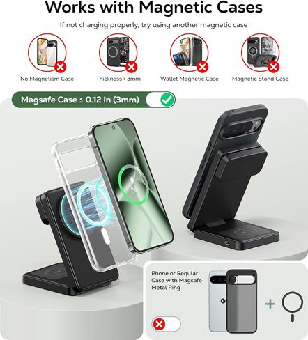 قاعدة شحن مغناطيسية 3 في 1 قابلة للطي لساعة Google Pixel 3/2 (ليست للساعة 4/1)، شاحن لاسلكي سريع بقدرة 15 وات متوافق مع حامل شاحن MagSafe لـ Pixel 10/10 Pro/XL/9/8/7/6 Pro & Buds in Kuwait