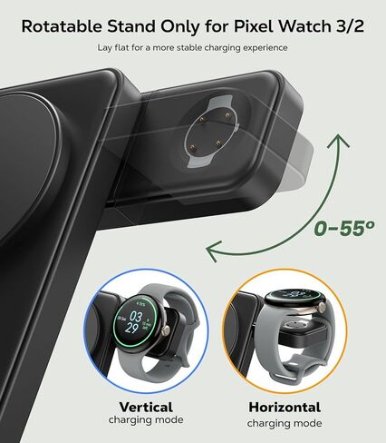قاعدة شحن مغناطيسية 3 في 1 قابلة للطي لساعة Google Pixel 3/2 (ليست للساعة 4/1)، شاحن لاسلكي سريع بقدرة 15 وات متوافق مع حامل شاحن MagSafe لـ Pixel 10/10 Pro/XL/9/8/7/6 Pro & Buds in Kuwait