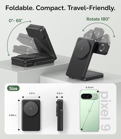 قاعدة شحن مغناطيسية 3 في 1 قابلة للطي لساعة Google Pixel 3/2 (ليست للساعة 4/1)، شاحن لاسلكي سريع بقدرة 15 وات متوافق مع حامل شاحن MagSafe لـ Pixel 10/10 Pro/XL/9/8/7/6 Pro & Buds in Kuwait