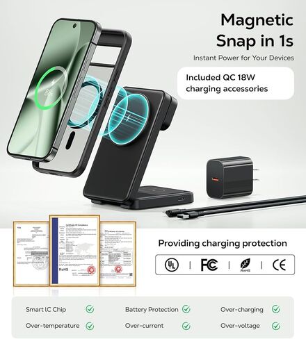 قاعدة شحن مغناطيسية 3 في 1 قابلة للطي لساعة Google Pixel 3/2 (ليست للساعة 4/1)، شاحن لاسلكي سريع بقدرة 15 وات متوافق مع حامل شاحن MagSafe لـ Pixel 10/10 Pro/XL/9/8/7/6 Pro & Buds in Kuwait
