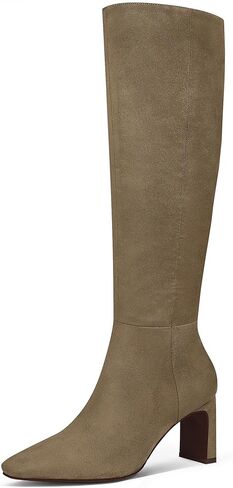 MUCCCUTE Cream Tan Boots for Women Knee High Boots Chunky Heel Square Toe Tall Long Botas for Women Fashion Comfort Side Zipper Size 10 in Saudi Arabia