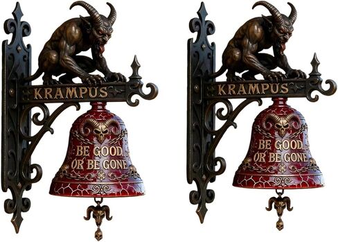 جرس باب Krampus، ديكور جداري لعيد الميلاد القوطي، علامة ترحيب منحوتة من الراتنج، زخرفة عطلة داكنة لباب الشرفة الأمامي (1) in Kuwait