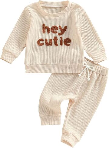 Newborn Girl Boy Gender Neutral Baby Clothes Fall Winter Waffle Outfit Set Letter Sweatshirt Tops + Pants in Saudi Arabia