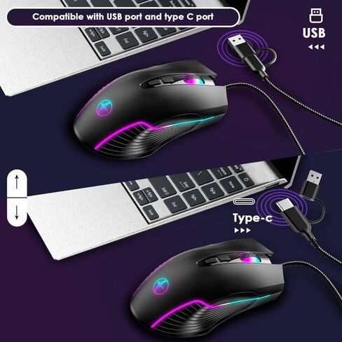 إضاءة خلفية مضيئة بالحجم الكامل USB C (النوع C)/USB مجموعة لوحة مفاتيح وماوس سلكية مطبوعة كبيرة، مع مفاتيح مقص هادئة وحامل هاتف ومقبض مستوى الصوت وماوس جيجلر، لأجهزة MacBook وMac وWindows Laptop PC in Kuwait