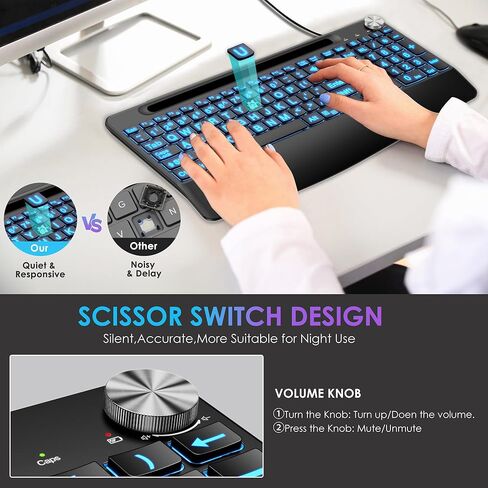 إضاءة خلفية مضيئة بالحجم الكامل USB C (النوع C)/USB مجموعة لوحة مفاتيح وماوس سلكية مطبوعة كبيرة، مع مفاتيح مقص هادئة وحامل هاتف ومقبض مستوى الصوت وماوس جيجلر، لأجهزة MacBook وMac وWindows Laptop PC in Kuwait