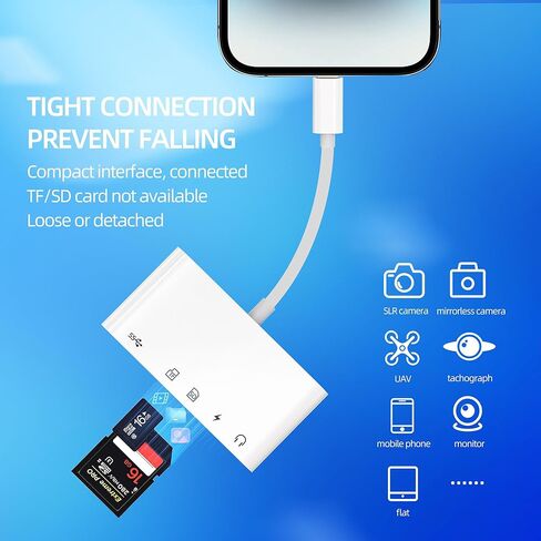 Digital Camera SD Card Reader for iPhone 14 13 Pro Max (5 in 1) Lightning to USB TF 3.5mm Charger Female Adapter Micro Memory Stick for Apple OTG Audio Port Male Plug for Ipad Compatible with Samsung in Saudi Arabia