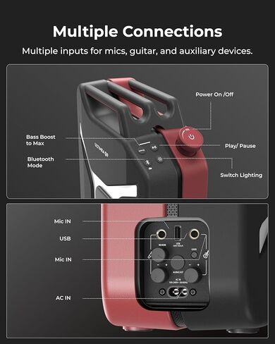 ULTIMEA Go Portable Party Speaker, 300W Wireless PartyBox with Bass Boost, RGB Light, TWS Stereo, Auracast Mode, Mic/Guitar Input, APP Control, Large Bluetooth Speaker for Party Outdoor (Black+Red) in Saudi Arabia