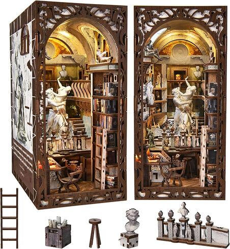 DIY Book Nook Kit للبالغين ، Flugy Bookend Bookend Decorfles Decors مع ضوء LED وغطاء الغبار (مكتبة Abbey) in Kuwait