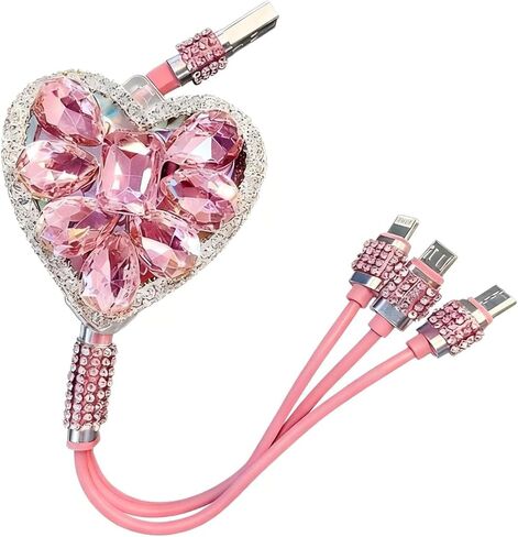 Multi Charging Cable, 3-in-1 Bling Rhinestone Retractable Car Charging Cable with Type-C/Lightning/Micro USB Connectors, Universal Sparkly Car Interior Accessory (Pink) in Saudi Arabia