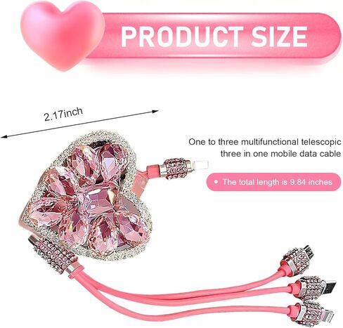 Multi Charging Cable, 3-in-1 Bling Rhinestone Retractable Car Charging Cable with Type-C/Lightning/Micro USB Connectors, Universal Sparkly Car Interior Accessory (Pink) in Saudi Arabia