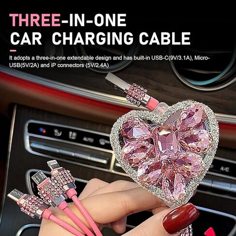 Multi Charging Cable, 3-in-1 Bling Rhinestone Retractable Car Charging Cable with Type-C/Lightning/Micro USB Connectors, Universal Sparkly Car Interior Accessory (Pink) in Saudi Arabia