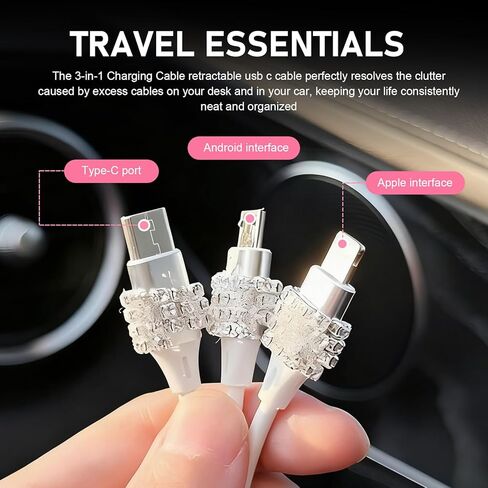 Multi Charging Cable, 3-in-1 Bling Rhinestone Retractable Car Charging Cable with Type-C/Lightning/Micro USB Connectors, Universal Sparkly Car Interior Accessory (Pink) in Saudi Arabia