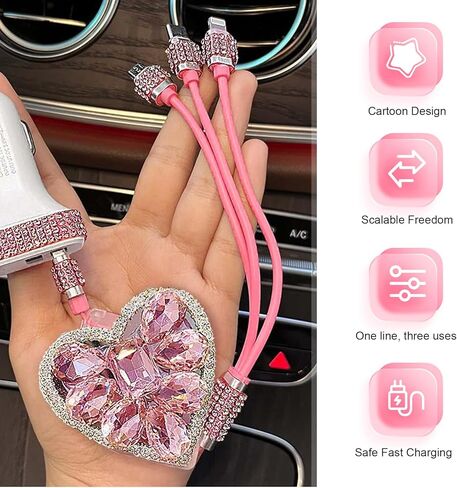 Multi Charging Cable, 3-in-1 Bling Rhinestone Retractable Car Charging Cable with Type-C/Lightning/Micro USB Connectors, Universal Sparkly Car Interior Accessory (Pink) in Saudi Arabia