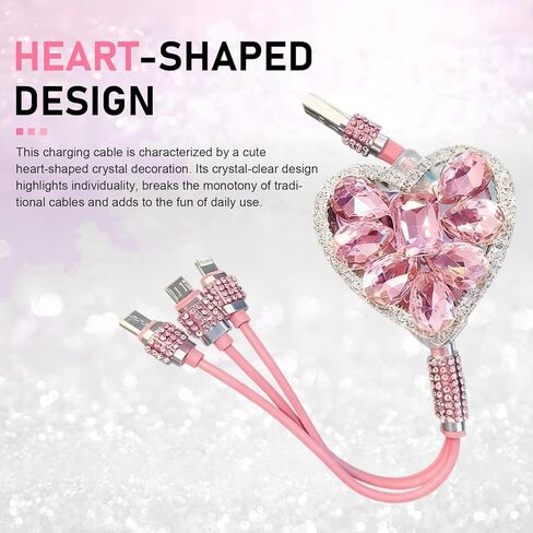 Multi Charging Cable, 3-in-1 Bling Rhinestone Retractable Car Charging Cable with Type-C/Lightning/Micro USB Connectors, Universal Sparkly Car Interior Accessory (Pink) in Saudi Arabia