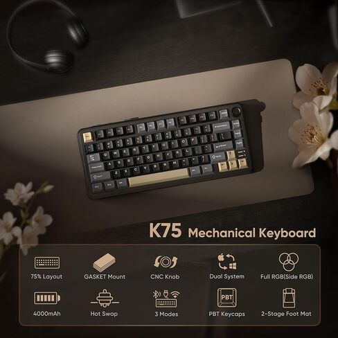 لوحة مفاتيح ميكانيكية لاسلكية RedThunder K75، مقبض CNC، ثلاثي الوضع BT5.0/2.4 جيجا هرتز/USB-C قابل للتبديل السريع، مفاتيح جوز الهند الخطية مسبقة التشحيم، هيكل الحشية، لوحة مفاتيح ألعاب RGB، أسود-ذهبي in Kuwait