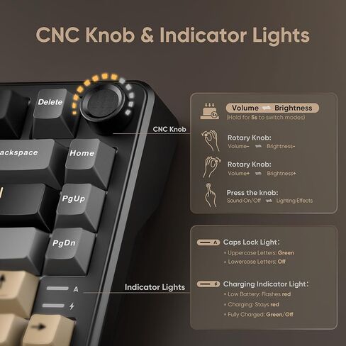 لوحة مفاتيح ميكانيكية لاسلكية RedThunder K75، مقبض CNC، ثلاثي الوضع BT5.0/2.4 جيجا هرتز/USB-C قابل للتبديل السريع، مفاتيح جوز الهند الخطية مسبقة التشحيم، هيكل الحشية، لوحة مفاتيح ألعاب RGB، أسود-ذهبي in Kuwait