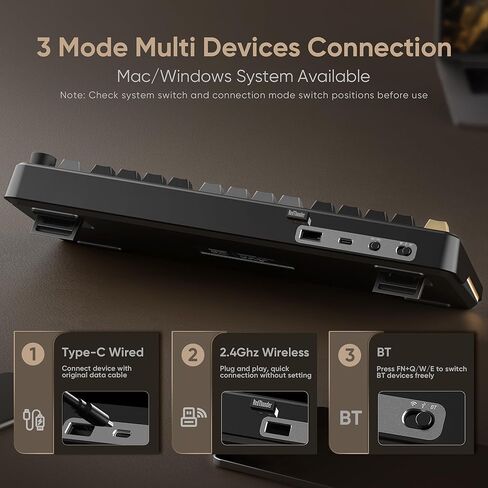 لوحة مفاتيح ميكانيكية لاسلكية RedThunder K75، مقبض CNC، ثلاثي الوضع BT5.0/2.4 جيجا هرتز/USB-C قابل للتبديل السريع، مفاتيح جوز الهند الخطية مسبقة التشحيم، هيكل الحشية، لوحة مفاتيح ألعاب RGB، أسود-ذهبي in Kuwait