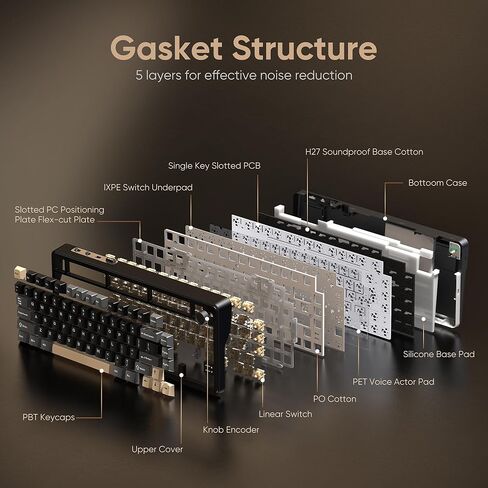 لوحة مفاتيح ميكانيكية لاسلكية RedThunder K75، مقبض CNC، ثلاثي الوضع BT5.0/2.4 جيجا هرتز/USB-C قابل للتبديل السريع، مفاتيح جوز الهند الخطية مسبقة التشحيم، هيكل الحشية، لوحة مفاتيح ألعاب RGB، أسود-ذهبي in Kuwait