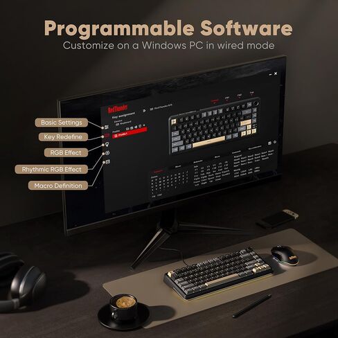 لوحة مفاتيح ميكانيكية لاسلكية RedThunder K75، مقبض CNC، ثلاثي الوضع BT5.0/2.4 جيجا هرتز/USB-C قابل للتبديل السريع، مفاتيح جوز الهند الخطية مسبقة التشحيم، هيكل الحشية، لوحة مفاتيح ألعاب RGB، أسود-ذهبي in Kuwait