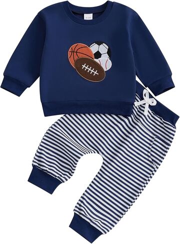 ZAXARRA Toddler Baby Boy Fall Winter Outfit Striped Animal Embroidered Long Sleeve Sweatshirt Elastic Waist Pants 2Pcs in Saudi Arabia