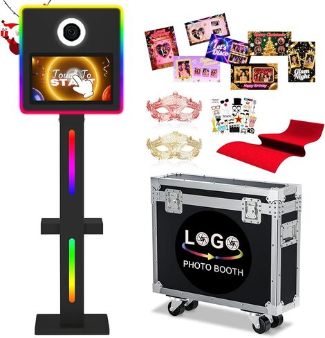 كشك صور مرآة مع حافظة طيران، شاشة لمس تفاعلية مقاس 15.6 بوصة مع تطبيق للتحكم عن بعد ومزامنة الموسيقى وإضاءة RGB ومشاركة كشك صور DSLR وطباعة فورية للحفلات (أبيض) in Kuwait