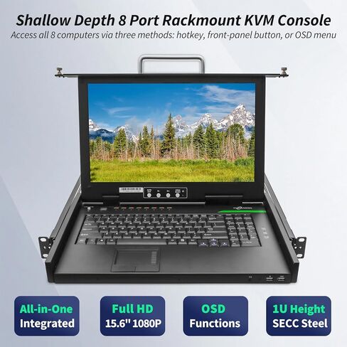 وحدة تحكم KVM على حامل 1U، شاشة LCD 1080P مقاس 15.6 بوصة، محول VGA KVM بـ 8 منافذ مع لوحة لمس لوحة مفاتيح، تحكم OSD، 8 كابلات VGA USB KVM، مزود طاقة مزدوج، الكل في واحد لخزائن الشبكة ذات العمق القصير in Kuwait