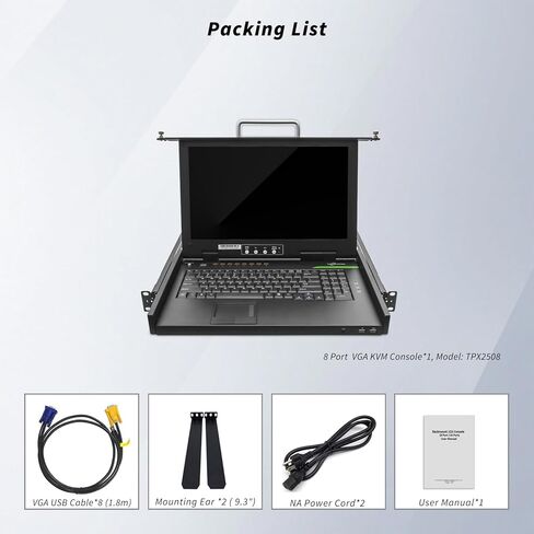وحدة تحكم KVM على حامل 1U، شاشة LCD 1080P مقاس 15.6 بوصة، محول VGA KVM بـ 8 منافذ مع لوحة لمس لوحة مفاتيح، تحكم OSD، 8 كابلات VGA USB KVM، مزود طاقة مزدوج، الكل في واحد لخزائن الشبكة ذات العمق القصير in Kuwait