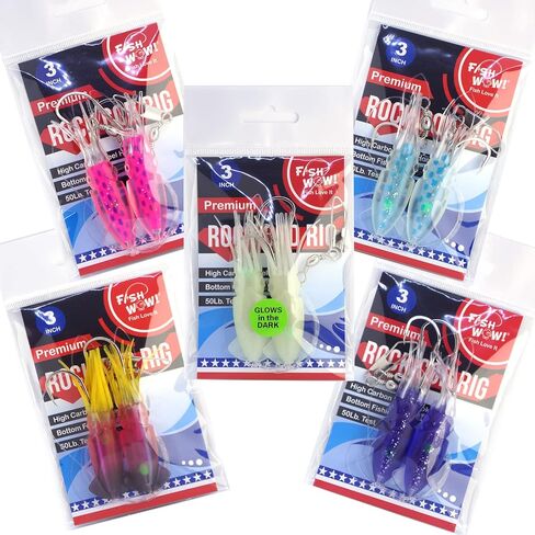 5 Packs - 3" Fishing Rock Cod Rig Twin Bulb Squids Rockfish Bait Soft Lure -5 Colors- Pink, Purple, Blue, Red/Black, Glow in The Dark in Saudi Arabia