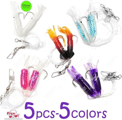 5 Packs - 3" Fishing Rock Cod Rig Twin Bulb Squids Rockfish Bait Soft Lure -5 Colors- Pink, Purple, Blue, Red/Black, Glow in The Dark in Saudi Arabia
