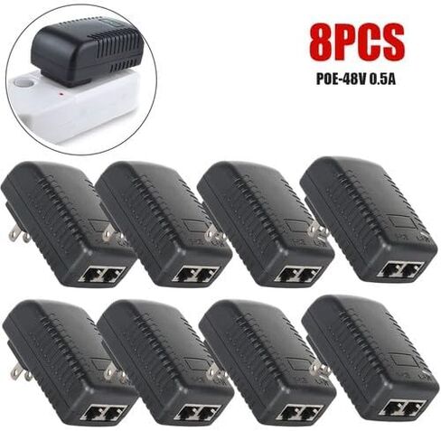 8X 48V 0.5A Passive PoE Power Injector Kit – for IP Cameras & VoIP Phones, US Plug, AC 100–240V Input, 24W DC Output, Certified Safety in Saudi Arabia