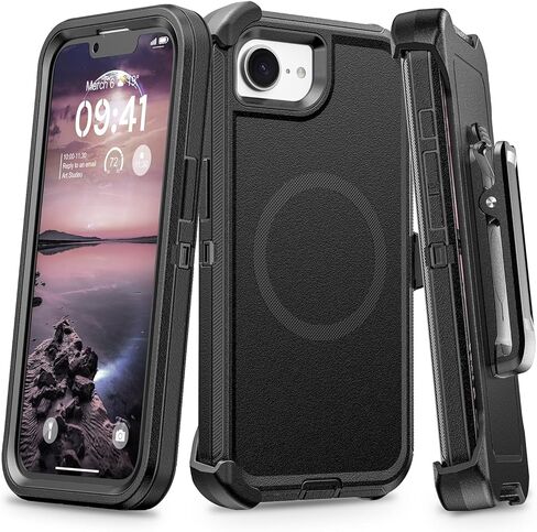 حافظة لهاتف iPhone 16e مع حافظة مشبك حزام، مضادة للصدمات، مضادة للانزلاق، متوافقة مع MagSafe، حماية من السقوط بثلاث طبقات، غطاء هاتف مغناطيسي عالي التحمل لهاتف 16e، 6.1 بوصة، أسود in Kuwait