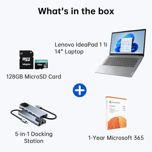 Lenovo IdeaPad 1 1i 14 inch Student Laptop with 1-Year Microsoft 365, Intel Dual Core Processor, 8GB RAM, 512GB SSD + 128GB eMMC, SD Card Reader, Privacy Camera, Long Battery Life, Windows 11 Home in Kuwait