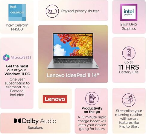 Lenovo IdeaPad 1 1i 14 inch Student Laptop with 1-Year Microsoft 365, Intel Dual Core Processor, 8GB RAM, 512GB SSD + 128GB eMMC, SD Card Reader, Privacy Camera, Long Battery Life, Windows 11 Home in Kuwait