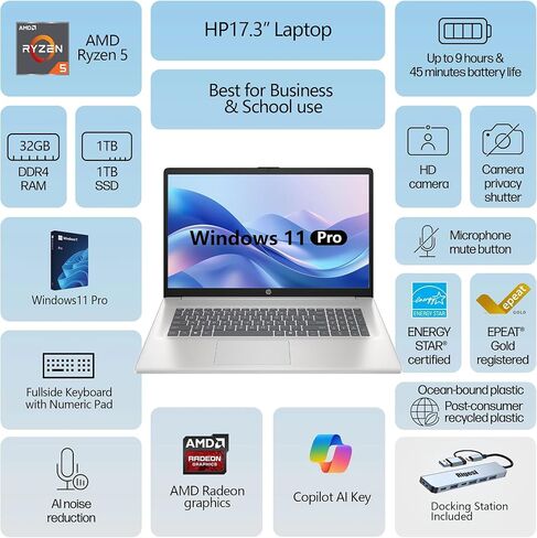 HP 2025 17 Laptop, 17.3" FHD Display, AMD Ryzen 5 Processor (Beats i7-1165G7), 32GB RAM, 1TB SSD, HDMI, Webcam, Wi-Fi 6, Windows 11 Pro, Silver with Docking Station in Saudi Arabia