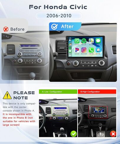 راديو 4G+64G لسيارة Honda Civic 2006 2007 2008 2009 2010 2011 ستيريو سيارة، CarPlay لاسلكي Android Auto 10.1 بوصة IPS شاشة تعمل باللمس Android 13 GPS WiFi Bluetooth DSP Audio HD كاميرا احتياطية in Saudi Arabia