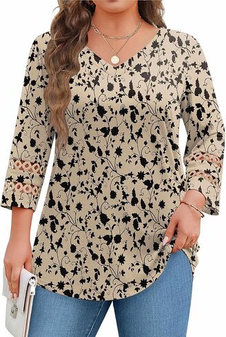 IN'VOLAND Womens Plus Size Tops 3/4 Length Sleeve Shirts Dressy Casual V Neck T Shirts Loose Summer Business Work Blouses in Saudi Arabia