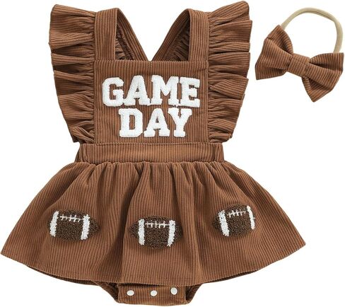 Baby Girl Football Outfit Game Day Corduroy Dress Rugby Embroidery Ruffle Sleeve Romper Toddler Newborn Fall Outfits in Saudi Arabia