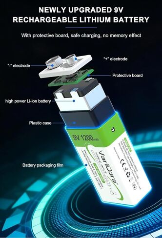 بطاريات 1200 مللي أمبير قابلة لإعادة الشحن 9 فولت USB C قطعتين، بطاريات ليثيوم أيون USB 9 فولت، بطارية USB C 9 فولت، 1200 دورة طويلة الأمد، لأجهزة إنذار الدخان، وأجهزة القياس المتعددة، والميكروفونات in Kuwait