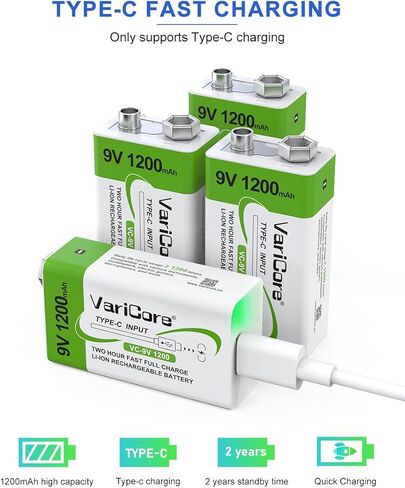 بطاريات 1200 مللي أمبير قابلة لإعادة الشحن 9 فولت USB C قطعتين، بطاريات ليثيوم أيون USB 9 فولت، بطارية USB C 9 فولت، 1200 دورة طويلة الأمد، لأجهزة إنذار الدخان، وأجهزة القياس المتعددة، والميكروفونات in Kuwait