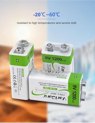 بطاريات 1200 مللي أمبير قابلة لإعادة الشحن 9 فولت USB C قطعتين، بطاريات ليثيوم أيون USB 9 فولت، بطارية USB C 9 فولت، 1200 دورة طويلة الأمد، لأجهزة إنذار الدخان، وأجهزة القياس المتعددة، والميكروفونات in Kuwait