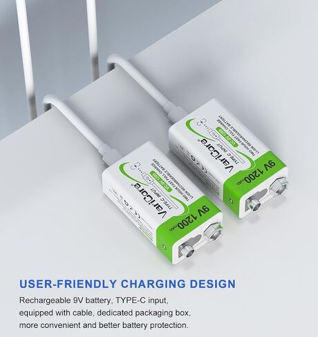 بطاريات 1200 مللي أمبير قابلة لإعادة الشحن 9 فولت USB C قطعتين، بطاريات ليثيوم أيون USB 9 فولت، بطارية USB C 9 فولت، 1200 دورة طويلة الأمد، لأجهزة إنذار الدخان، وأجهزة القياس المتعددة، والميكروفونات in Kuwait