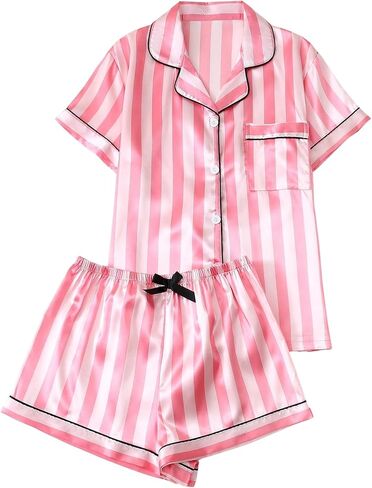 SOLY HUX Women's Satin Striped Pajama Set Short Sleeve Button Down Shirt and Shorts Sleepwear Matching Pjs in Saudi Arabia