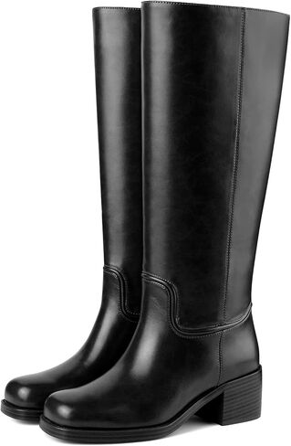 Women's Banana Knee High Boots Square Toe Chunky Block Heel Tall Pull on Fashion Comfortable Mid-Calf Long Boots in Saudi Arabia