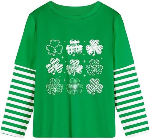 Yousie Kids Girls Christmas Shirt Long Sleeve Striped Patchwork T-Shirt 4-11 Years in Saudi Arabia