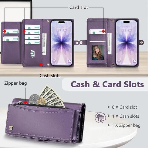 حافظة محفظة لهاتف iPhone 17 مع حامل بطاقة / محفظة / حزام حول الجسم، [حجب RFID] [مغناطيسي] حافظة هاتف من جلد البولي يوريثان لهاتف iPhone 17،6.3 بوصة، أرجواني in Saudi Arabia