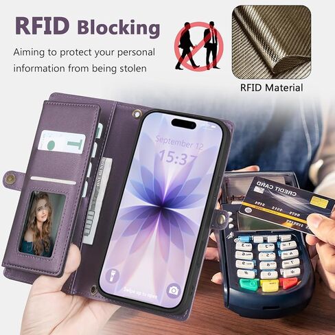 حافظة محفظة لهاتف iPhone 17 مع حامل بطاقة / محفظة / حزام حول الجسم، [حجب RFID] [مغناطيسي] حافظة هاتف من جلد البولي يوريثان لهاتف iPhone 17،6.3 بوصة، أرجواني in Saudi Arabia