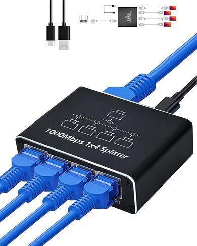 موزع إيثرنت 1 إلى 4، موزع شبكة عالي السرعة 1000 ميجا بت في الثانية مع طاقة USB، يدعم 4 أجهزة في وقت واحد in Kuwait