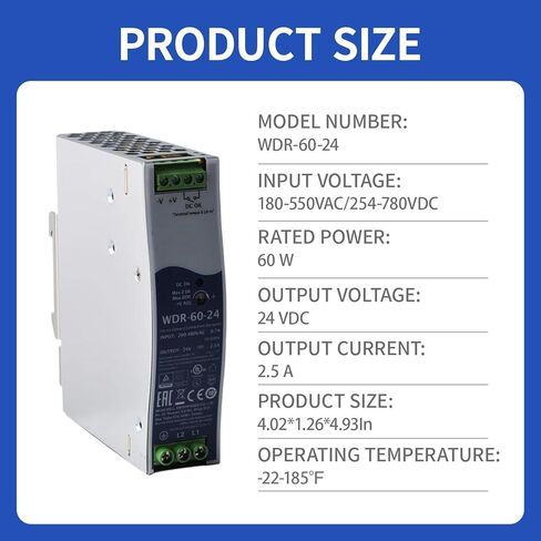 WDR-60-24 60W 24V 2.5A Industrial-Grade Switching Power Supply - Input Voltage 180-550VAC - DIN Rail Mount, 4.7KV Isolation Suitable for Automation/Communication/Manufacturing Equipment in Saudi Arabia